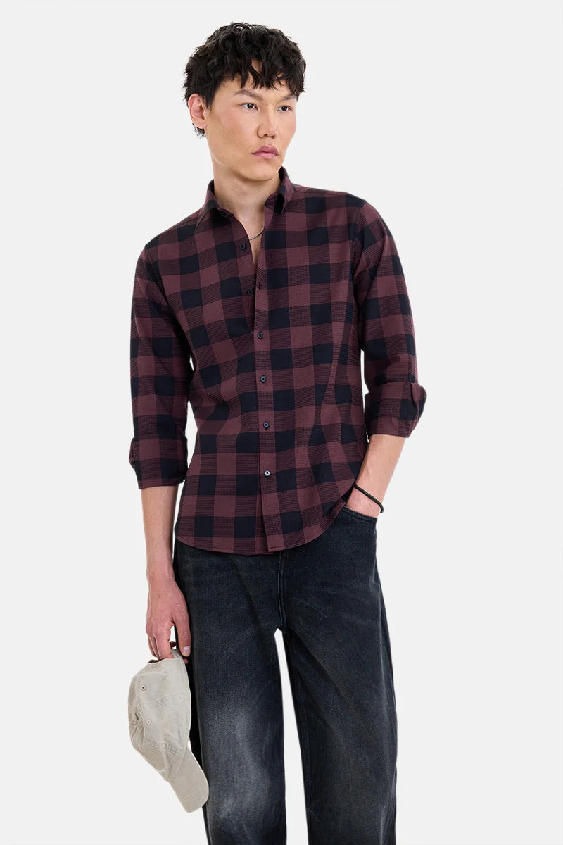 سنيتش Maroon Checkered Long Sleeve Slim Fit Shirt