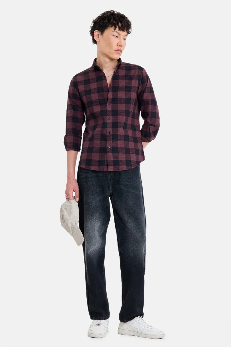 سنيتش Maroon Checkered Long Sleeve Slim Fit Shirt