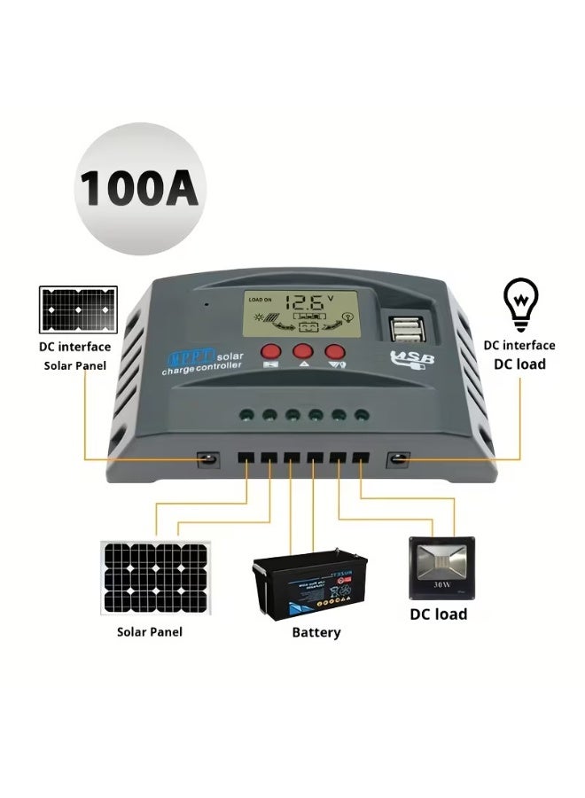 100A MPPT Solar Charge Controller 12V/24V | Intelligent Solar Battery Charging Regulator with LCD Display, Dual USB Ports, Timer Settings for Lithium, AGM & Lead Acid Batteries - Image 5