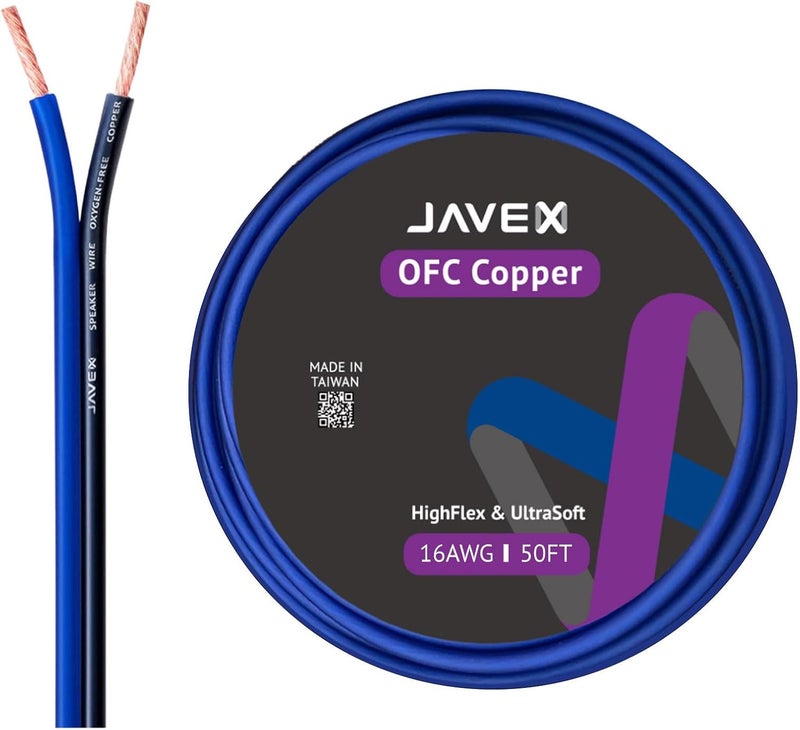 JAVEX 16-Gauge Oxygen-Free Copper Speaker Wire Cable - 50ft (Blue/Black) - Image 1