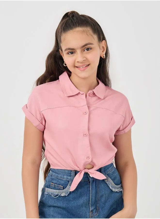ستايلي Styli Solid Spread Collar Tie-Up Crop Shirt