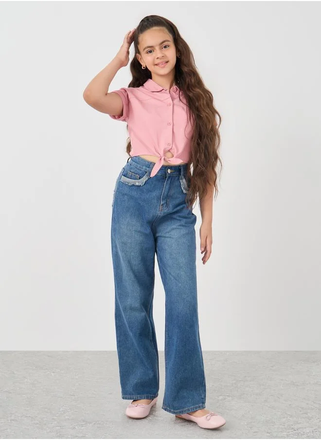 ستايلي Styli Solid Spread Collar Tie-Up Crop Shirt