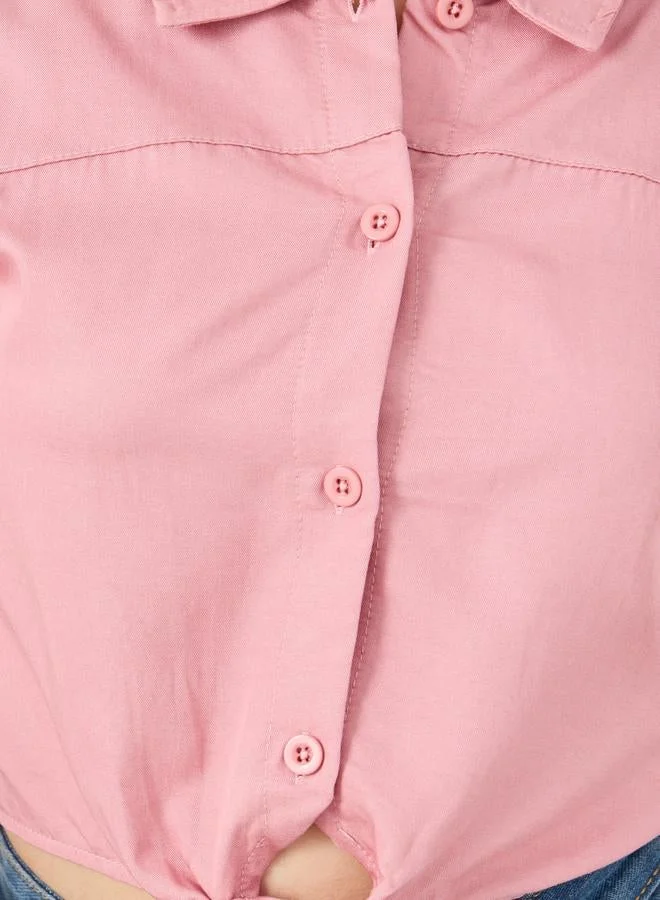 Styli Solid Spread Collar Tie-Up Crop Shirt