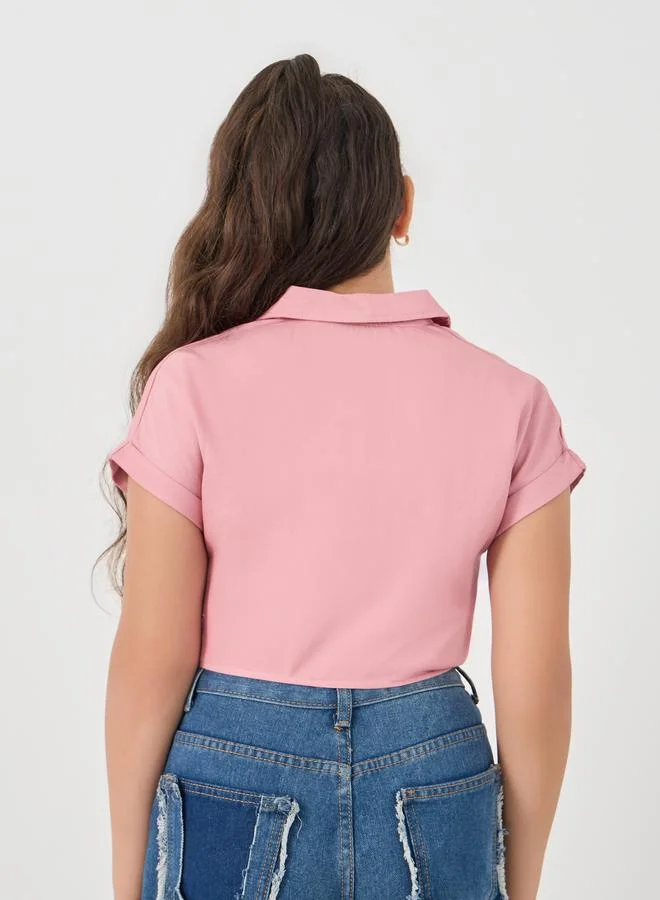 Styli Solid Spread Collar Tie-Up Crop Shirt