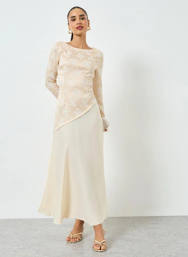 Styli Beige Floral Long Sleeves A-Line Maxi Dress