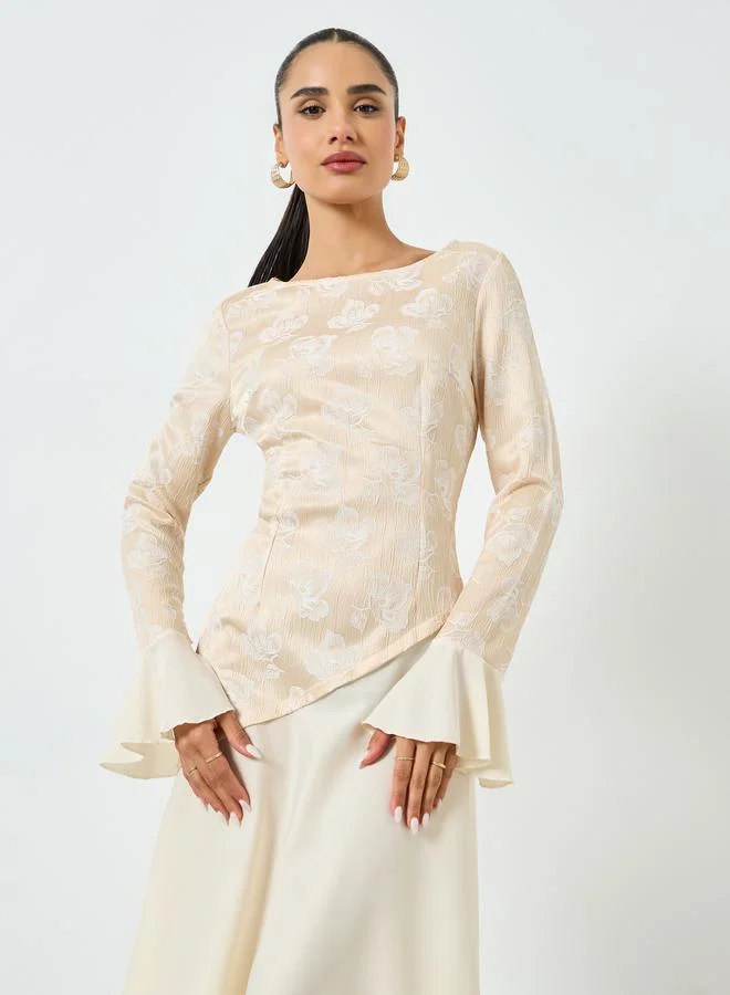 Styli Beige Floral Long Sleeves A-Line Maxi Dress