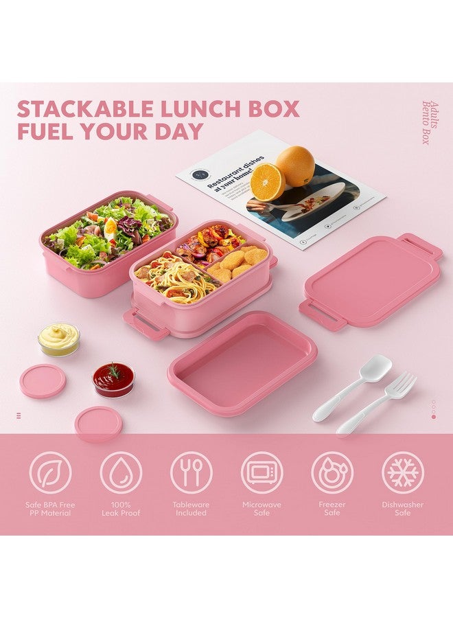 Jelife Bento Lunch Box for Adults - 3 Layers Leak-Proof Stackable Bento Box for Adults, 72oz Large-Style All-in-One Adult Lunchbox Bento Box with Utensil Accessories for Dining Out,Work, Pink - Image 2