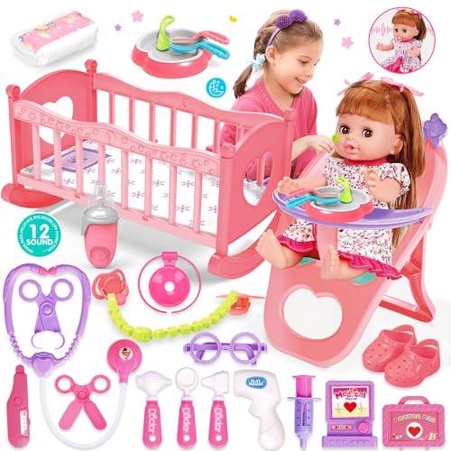PROOU Baby Doll Toys Set 14 Doll Toys 25Pcs Dolls Care Toy Playset Toddlers Toy Dolls Set Incl Cradle Crib High Chair Milk Bottle Pacifier Diaper Baby Gift for Age 3 4 5 6 Years Old Girls Boys - Image 1