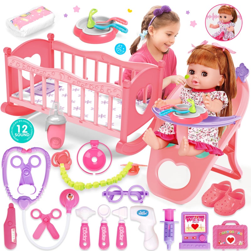 PROOU Baby Doll Toys Set 14 Doll Toys 25Pcs Dolls Care Toy Playset Toddlers Toy Dolls Set Incl Cradle Crib High Chair Milk Bottle Pacifier Diaper Baby Gift for Age 3 4 5 6 Years Old Girls Boys - Image 2