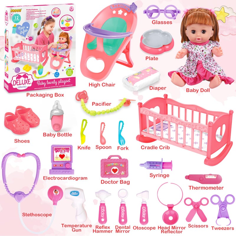 PROOU Baby Doll Toys Set 14 Doll Toys 25Pcs Dolls Care Toy Playset Toddlers Toy Dolls Set Incl Cradle Crib High Chair Milk Bottle Pacifier Diaper Baby Gift for Age 3 4 5 6 Years Old Girls Boys - Image 3