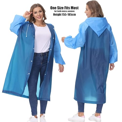 HACER EVA Poncho Raincoat Transparent Hooded Water Resistant Long Length Rain Jacket with Sleeves for Women Men Camping Rainy Season Travel - Blue Free Size - Image 2