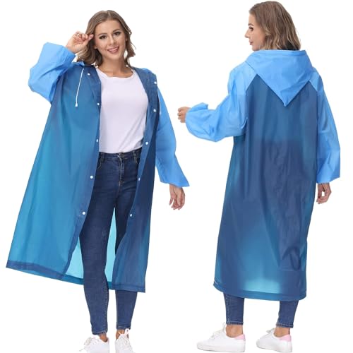HACER EVA Poncho Raincoat Transparent Hooded Water Resistant Long Length Rain Jacket with Sleeves for Women Men Camping Rainy Season Travel - Blue Free Size - Image 1
