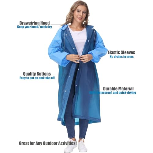 HACER EVA Poncho Raincoat Transparent Hooded Water Resistant Long Length Rain Jacket with Sleeves for Women Men Camping Rainy Season Travel - Blue Free Size - Image 4
