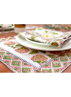 OJARIYA 12 Piece Garden Pink And Green Hand Block Printed 100 Percent Canvas Cotton Table Placemats & Soft Cotton Napkin Set  - Image 5