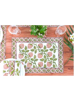 OJARIYA 12 Piece Garden Pink And Green Hand Block Printed 100 Percent Canvas Cotton Table Placemats & Soft Cotton Napkin Set  - Image 1