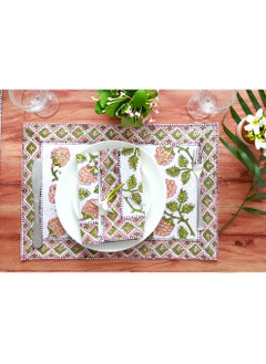 OJARIYA 12 Piece Garden Pink And Green Hand Block Printed 100 Percent Canvas Cotton Table Placemats & Soft Cotton Napkin Set  - Image 3