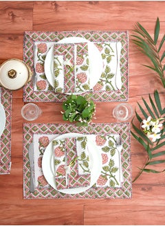 OJARIYA 12 Piece Garden Pink And Green Hand Block Printed 100 Percent Canvas Cotton Table Placemats & Soft Cotton Napkin Set  - Image 2