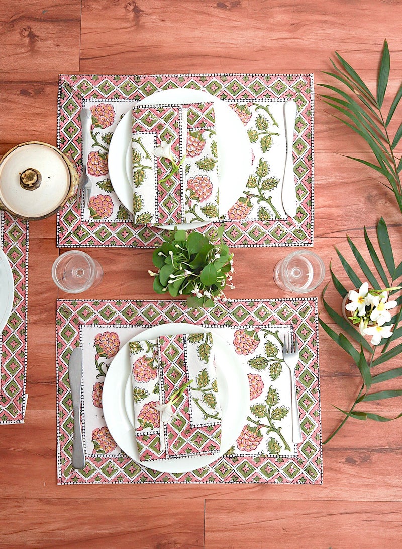 أوجريا طقم مناديل مائدة من القطن الناعم مكون من 12 قطعة باللونين الوردي والأخضر مطبوع بنسبة 100 بالمائة - Image 2