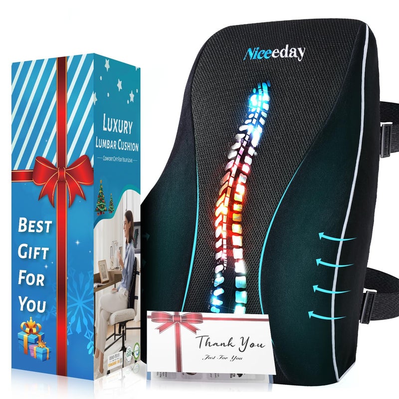 Niceeday Lumbar Support Pillow for Office Chair Car, Gaming Chair Lower Back Pain Relief Memory Foam Cushion with Greeting Card,3D Mesh Cover Ergonomic Back Rest, Birthday Gift Father‘s Day Gifts for Dad - Image 1