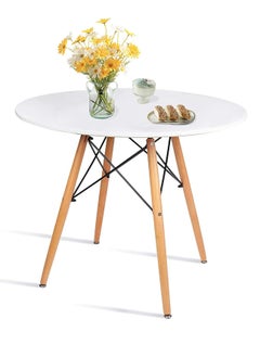 Round side table with rounded legs and sides of solid wood for coffee or dining