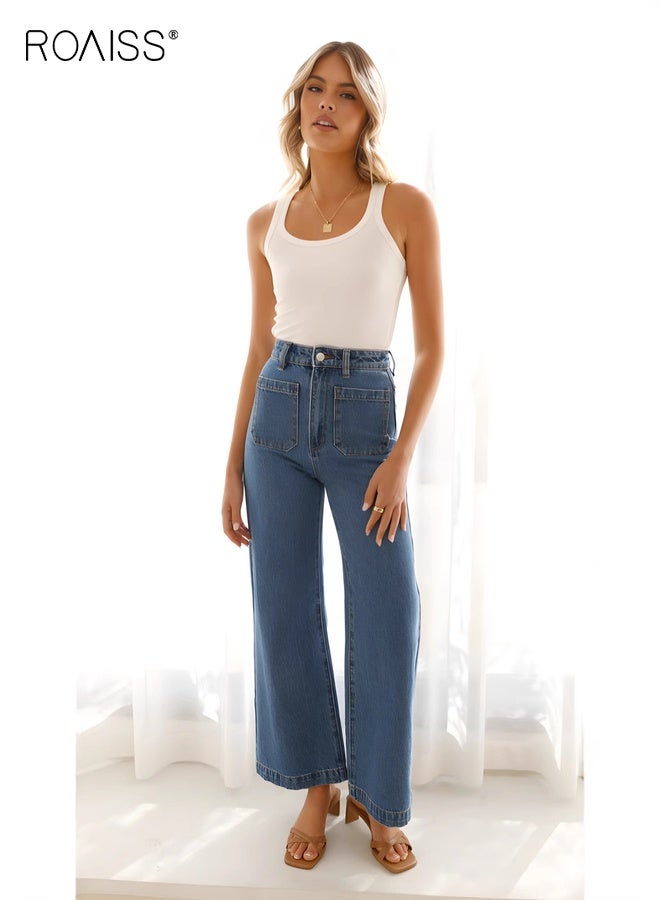 roaiss Vintage Straight Leg Jeans for Women Relaxed Mid Rise Fit Comfort Stretch Denim Lightweight Trousers Ladies Breathable Versatile Washed Pants Easy Care Everyday Wear Blue - Image 3