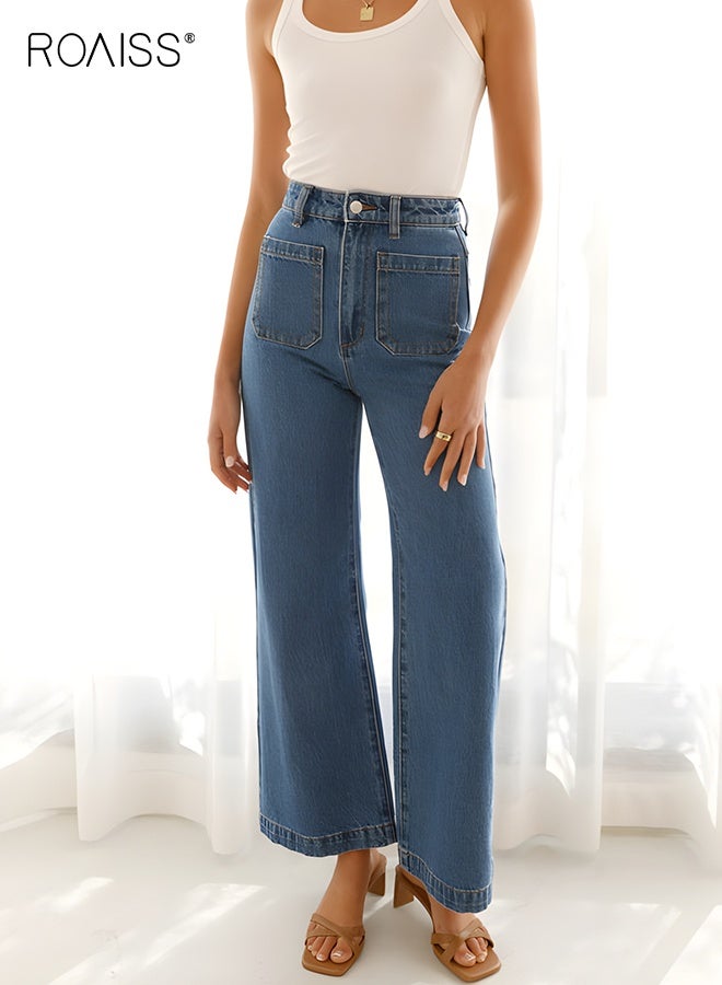 roaiss Vintage Straight Leg Jeans for Women Relaxed Mid Rise Fit Comfort Stretch Denim Lightweight Trousers Ladies Breathable Versatile Washed Pants Easy Care Everyday Wear Blue - Image 1