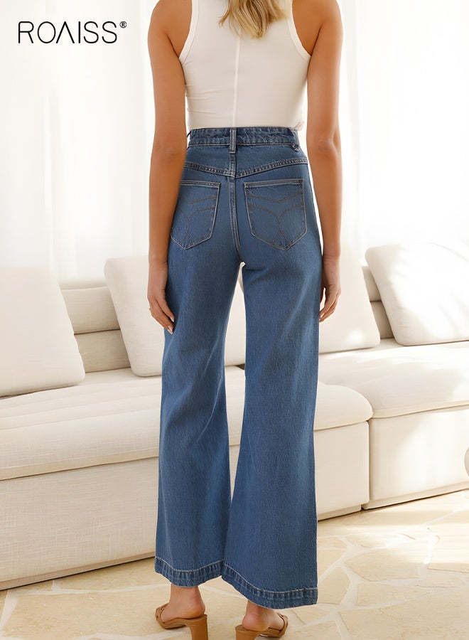 roaiss Vintage Straight Leg Jeans for Women Relaxed Mid Rise Fit Comfort Stretch Denim Lightweight Trousers Ladies Breathable Versatile Washed Pants Easy Care Everyday Wear Blue - Image 5