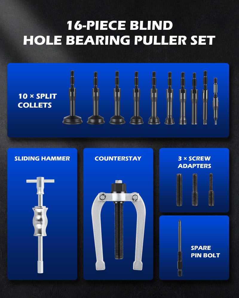 Orion Motor Tech Blind Hole Collet Bearing Race and Seal Puller Extractor Kit, Slide Hammer Pilot Insert Inner Internal Bearing Removal Tool Set, 16PCS - Image 2