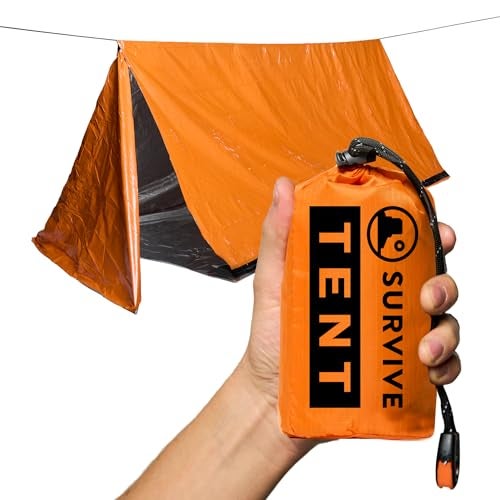 SURVIVE Survival Tent with Doors, 2 Person Mylar Emergency Camping Hiking Shelter for Survival Kits, All Weather Thermal Protection, Includes 22 feet of Paracord and Whistle (Orange) - Image 1