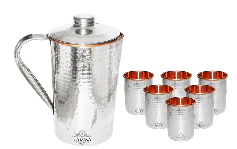 Taluka 5 x 9 inches Stainless Steel Copper Hammered Jug 1700 ML Water Pitcher with 6 Glass Tumbler 300 ML for Storage Drinkware - Image 1