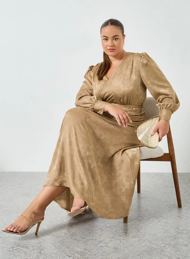 Plus Size Beige Long Sleeves Wrap Maxi Dress