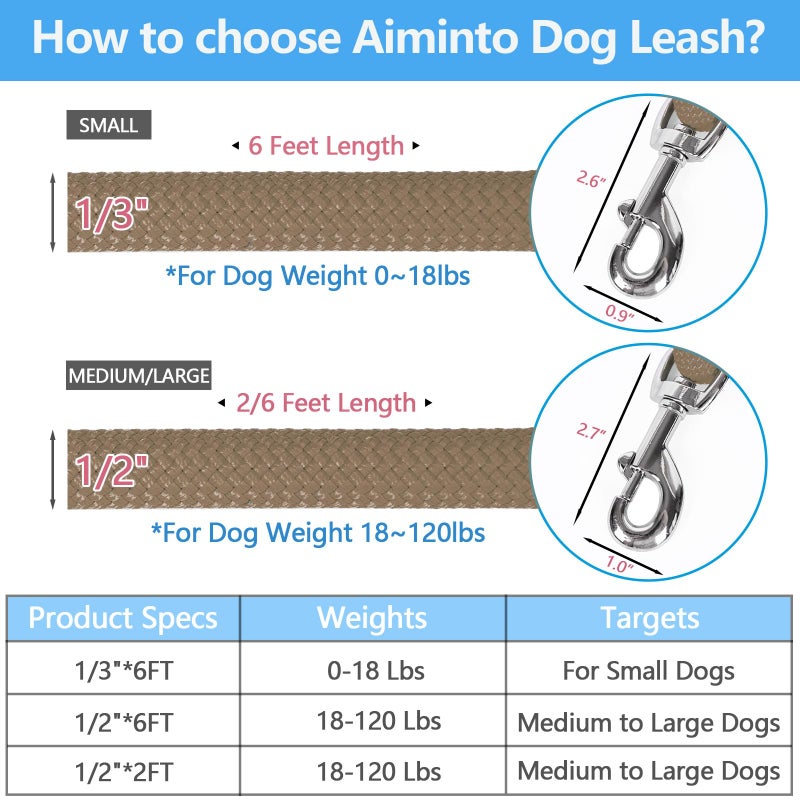 Aiminto Dog Leash, Braided Rope Traction â€“ Walking Training Lead for Medium/Large Dogs ((1/2") x 6FT, Khaki) - Image 2