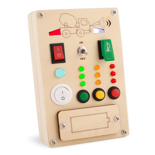 Falecha Busy Board Montessori Toys for 1 Year Old Led Button Push Toys Light Switch Preschool Learning Wooden Sensory for Toddlers 13 Baby Gifts Travel Fidget Toy Vehicle Theme Light Toy - Image 1