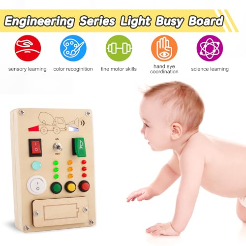 Falecha Busy Board Montessori Toys for 1 Year Old Led Button Push Toys Light Switch Preschool Learning Wooden Sensory for Toddlers 13 Baby Gifts Travel Fidget Toy Vehicle Theme Light Toy - Image 5