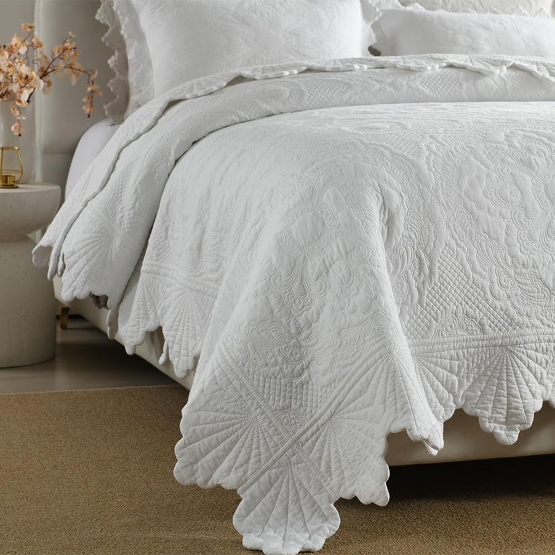 camandy Cotton Quilt Bedding Set Reversible Lightweight Coverlet for All Seasons, 3 Pieces Embossed Floral Solid White Bedspread with Ruffled Edge, Queen Size - Image 3