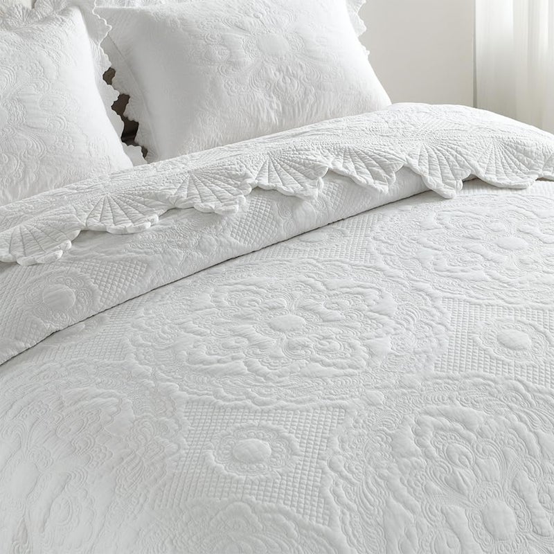 camandy Cotton Quilt Bedding Set Reversible Lightweight Coverlet for All Seasons, 3 Pieces Embossed Floral Solid White Bedspread with Ruffled Edge, Queen Size - Image 5