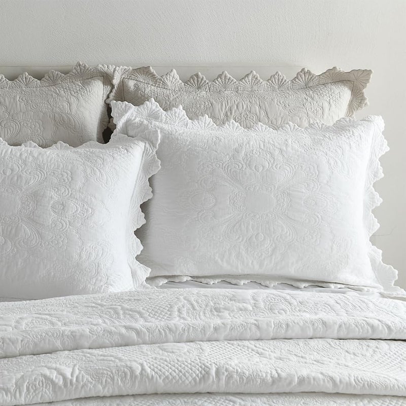 camandy Cotton Quilt Bedding Set Reversible Lightweight Coverlet for All Seasons, 3 Pieces Embossed Floral Solid White Bedspread with Ruffled Edge, Queen Size - Image 4
