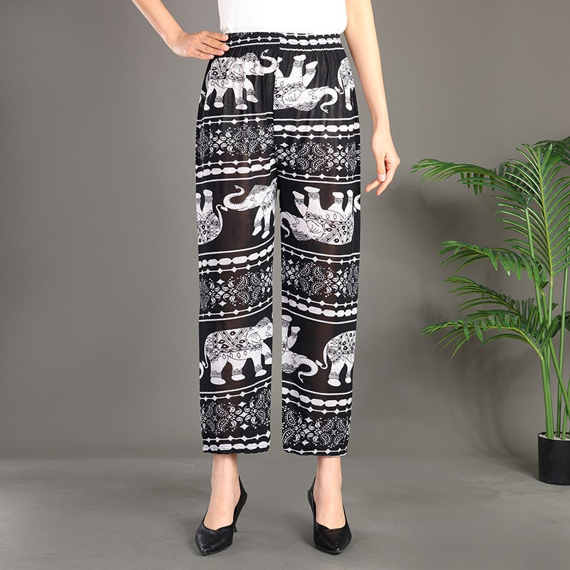 Cross-border Fashion Ink Butterfly National Style Casual Pants Womens New Chinese Style Loose Wide Leg Loose Summer New Ankle-length Pants Black and white elephant ice silk nine-point straight floral pants 