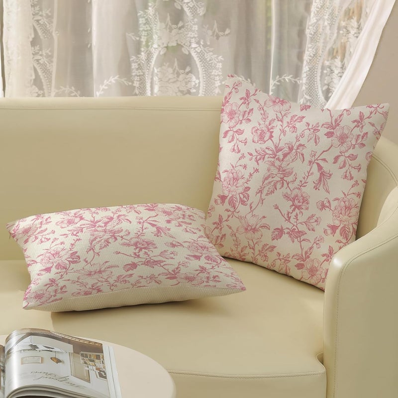 JEFERSO Pink Floral Pillow Covers 18x18 Set of 2 Pink and Cream Chinoiserie Floral Decorative Throw Pillows Vintage Rustic Toile Flower Pillow Cases Outdoor Decor Linen Cushion Covers for Couch Sofa - Image 4
