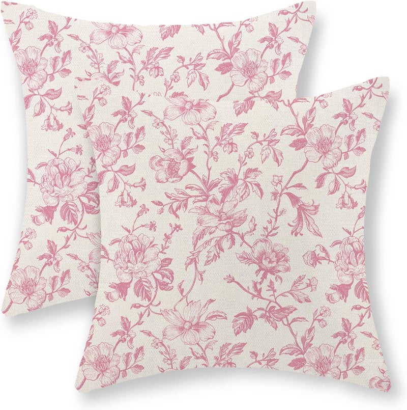 JEFERSO Pink Floral Pillow Covers 18x18 Set of 2 Pink and Cream Chinoiserie Floral Decorative Throw Pillows Vintage Rustic Toile Flower Pillow Cases Outdoor Decor Linen Cushion Covers for Couch Sofa - Image 1