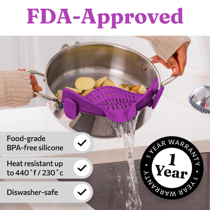 Kitchen Gizmo Snap N Strain Pot Strainer and Pasta Strainer - Strainers and Colanders - Adjustable Silicone Clip On Strainer for Pots, Pans, and Bowls - Kitchen Colander - Purple - Image 5