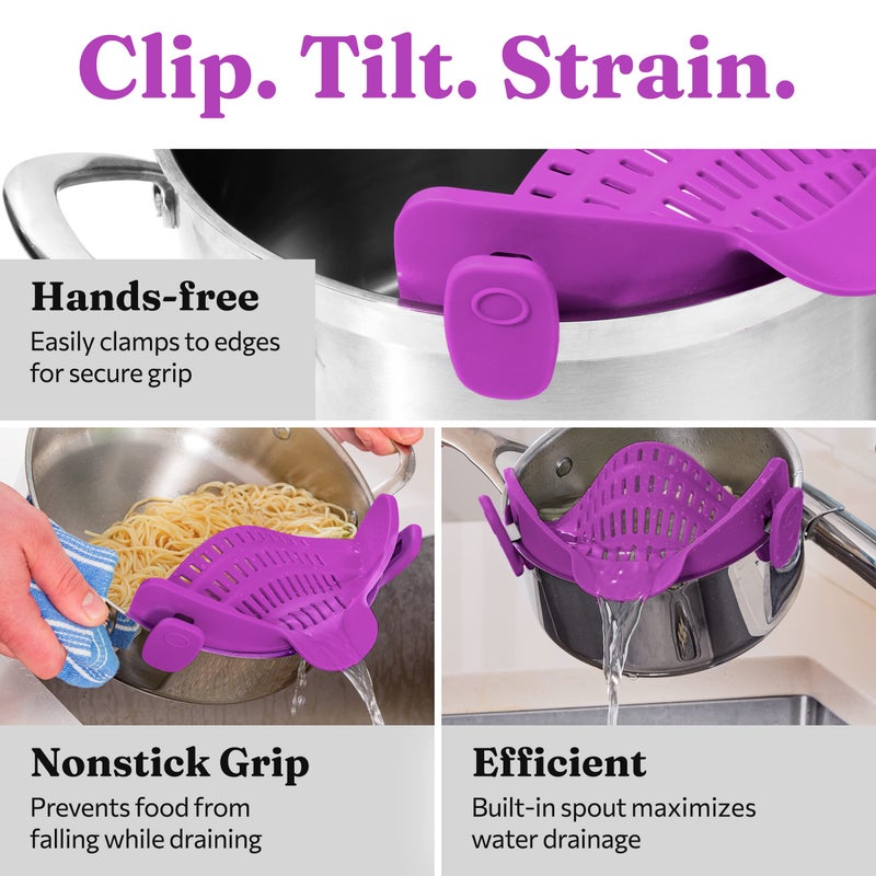 Kitchen Gizmo Snap N Strain Pot Strainer and Pasta Strainer - Strainers and Colanders - Adjustable Silicone Clip On Strainer for Pots, Pans, and Bowls - Kitchen Colander - Purple - Image 4