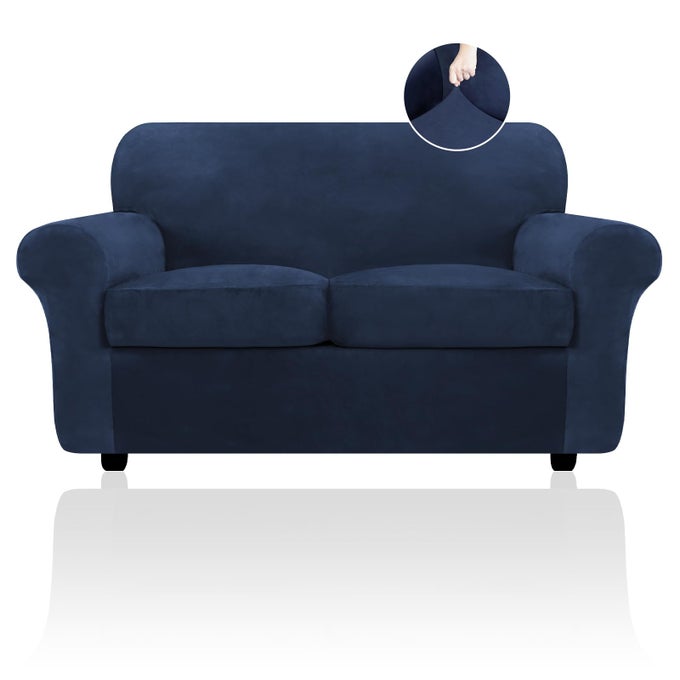 3 PIECE VELVET SOFA COVERS FOR 2 SEAT CUSHION COUCH SOFA SLIPCOVERS STRETCH COUCH COVER THICK FURNITURE PROTECTOR FOR DOGS PETS LOVESEAT NAVY
