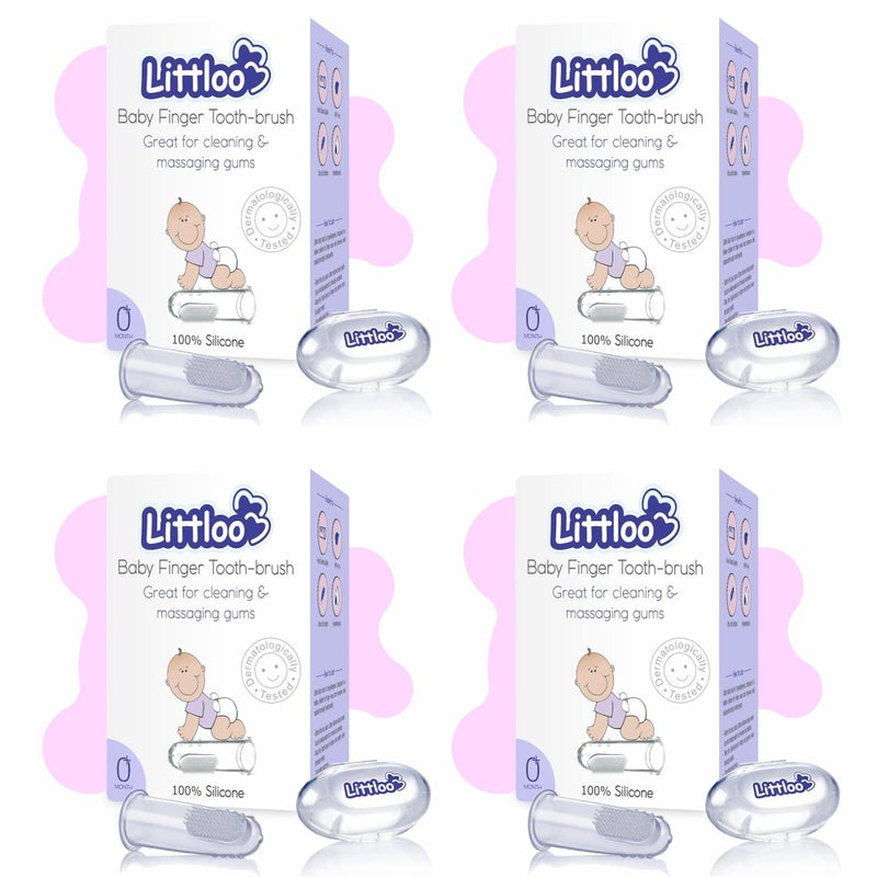 LITTLOO Silicone Baby Finger Toothbrush, Great for Massaging & Cleaning Gums, BPA-Free, Travel-Friendly Oral Care, Use Soft Brush For Kids & New Born Baby, Kids Finger Toothbrushes Pack of 4 (Clear) - Image 1