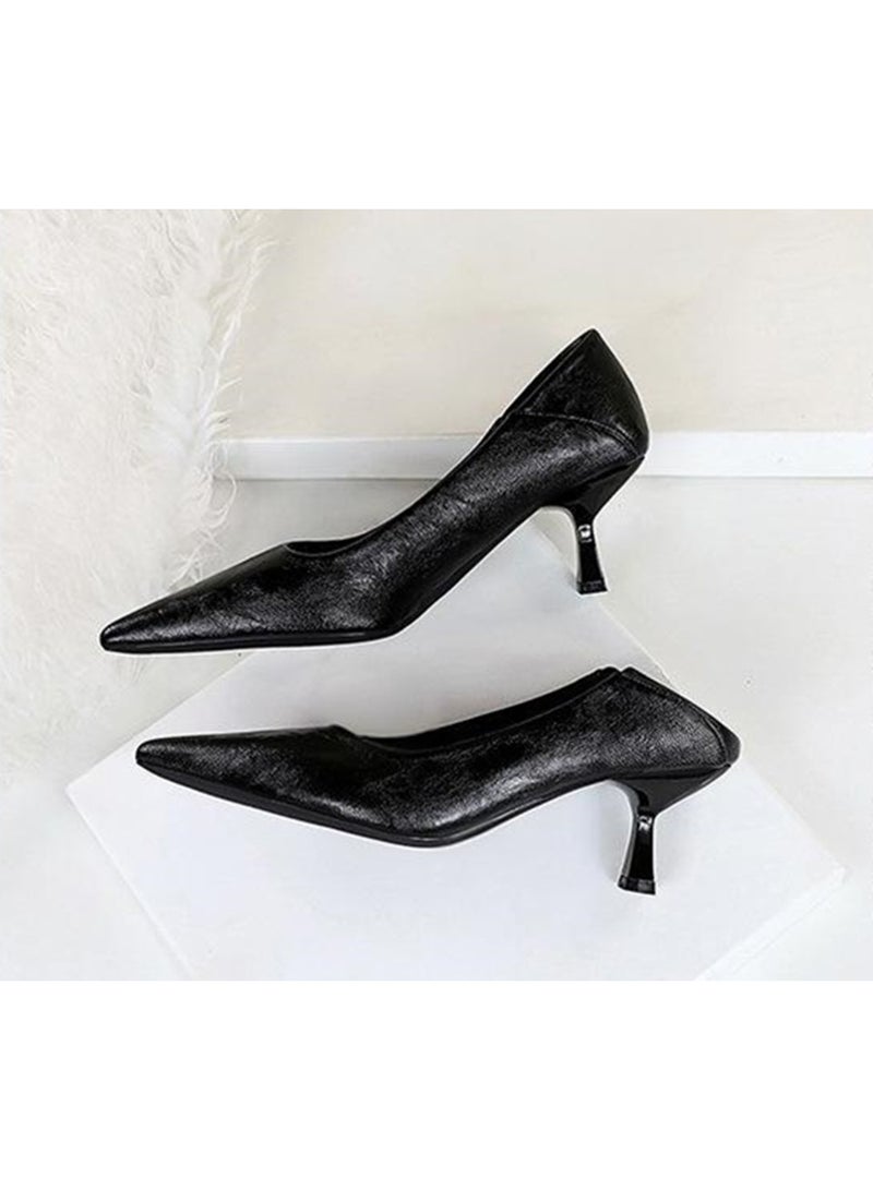 بيج تري المرأة مغلقة أشارت إصبع القدم منتصف الكعب قطة كعب مضخات الأسود 6CM - Image 3