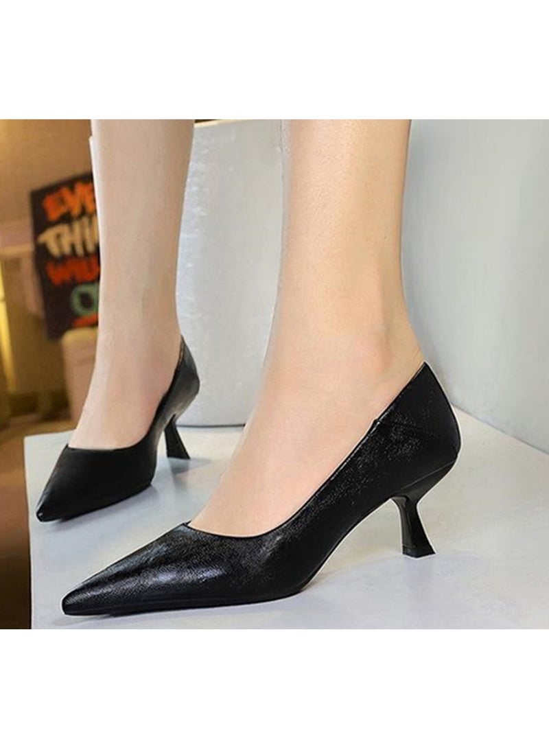 بيج تري المرأة مغلقة أشارت إصبع القدم منتصف الكعب قطة كعب مضخات الأسود 6CM - Image 4