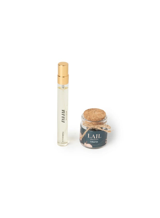 Louzan Ayaam 10ml Perfume & Lail Dukhoon 10gm Gift Set – Travel-Size Fragrance & Bakhoor Box - Image 2