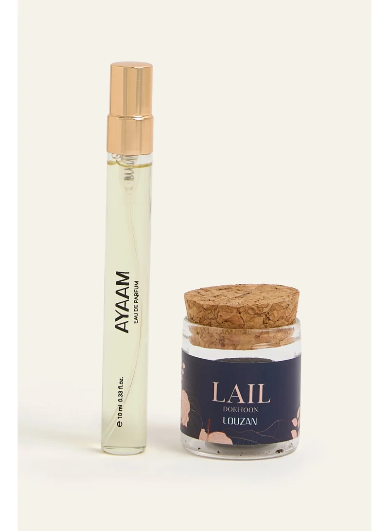 Louzan Louzan Ayaam 10ml Perfume & Lail Dukhoon 10gm Gift Set – Travel-Size Fragrance & Bakhoor Box