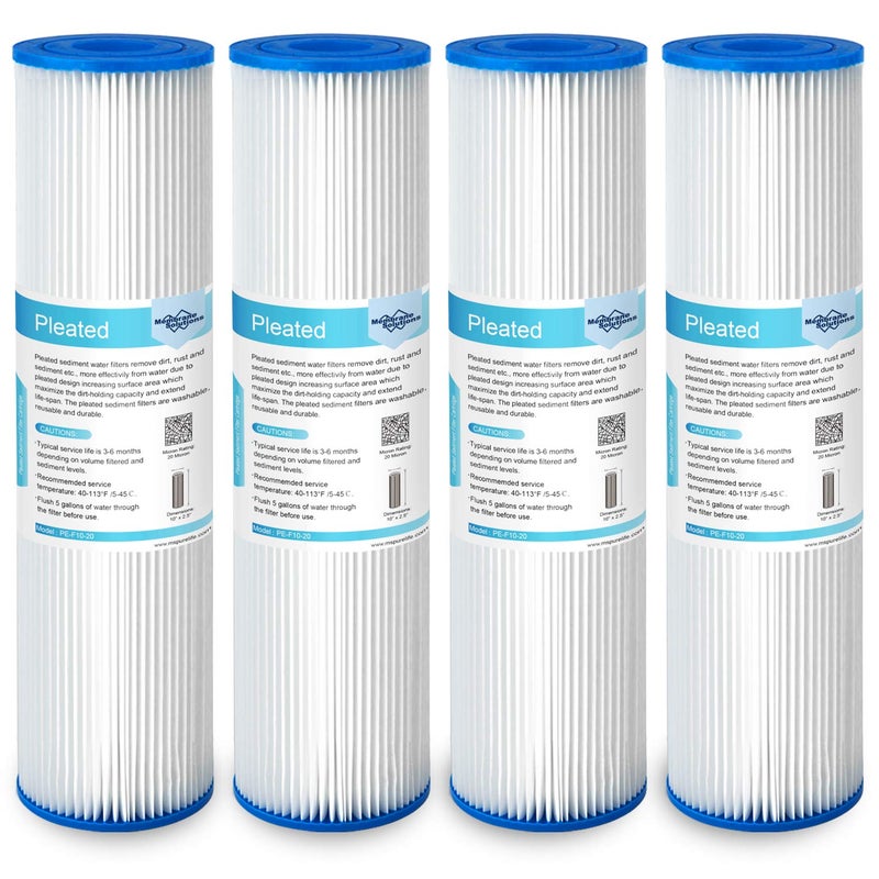 Membrane Solutions 20 Micron Pleated Polyester Sediment Water Filter 10x25 Replacement Cartridge Universal Whole House PreFilter Compatible with W50PE WFPFC3002 SPC251050 FM50975  4 Pack