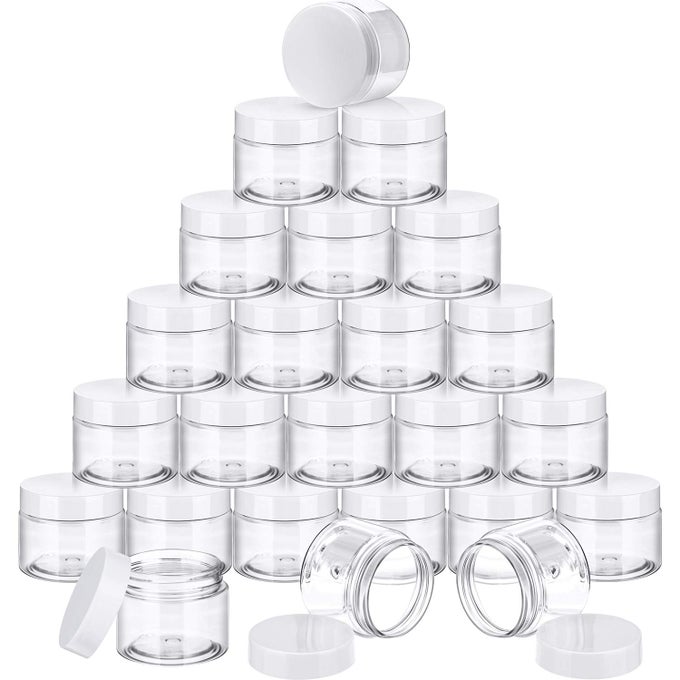 24 PIECES EMPTY CLEAR PLASTIC JARS WITH LIDS ROUND STORAGE CONTAINERS WIDEMOUTH FOR BEAUTY PRODUCT COSMETIC CREAM LOTION LIQUID BUTTER CRAFT AND FOOD WHITE LID 2 OZ